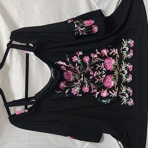 INC Internation Concepts Embroidered Black Floral Top Size 3X